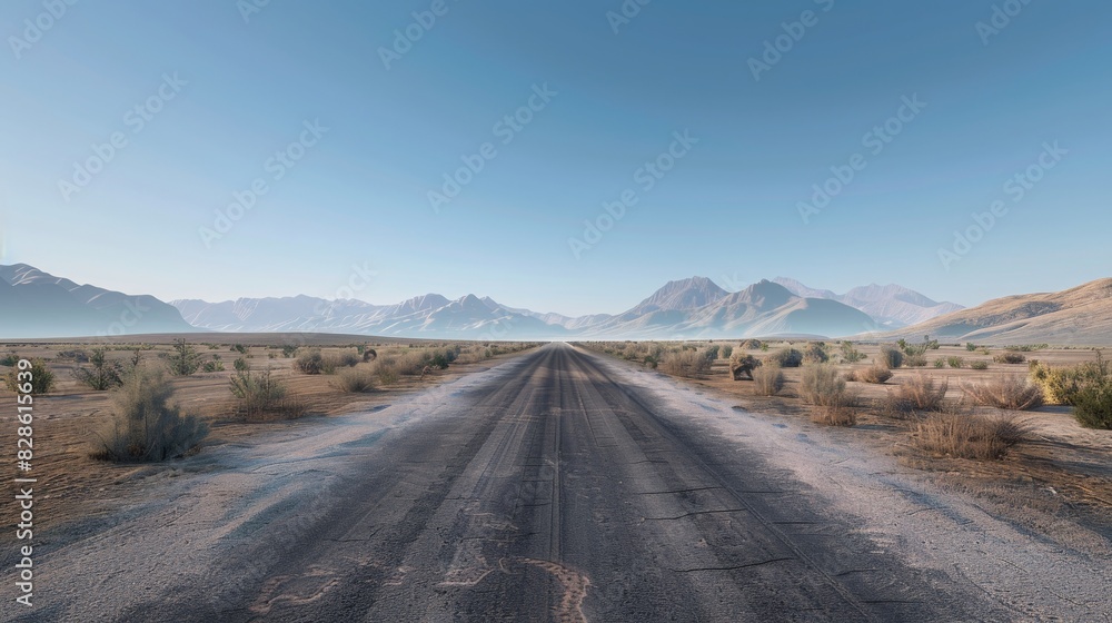 Endless Straight Desert Road Stretching into the Horizon under a Clear Blue Sky, Epitome of Solitude and Freedom in a Barren Landscape, 8K Ultra-Detail Endless Straight Desert Road Stretching into the Horizon under a Clear Blue Sky, Epitome of Solitude and Freedom in a Barren Landscape, 8K Ultra-Detail