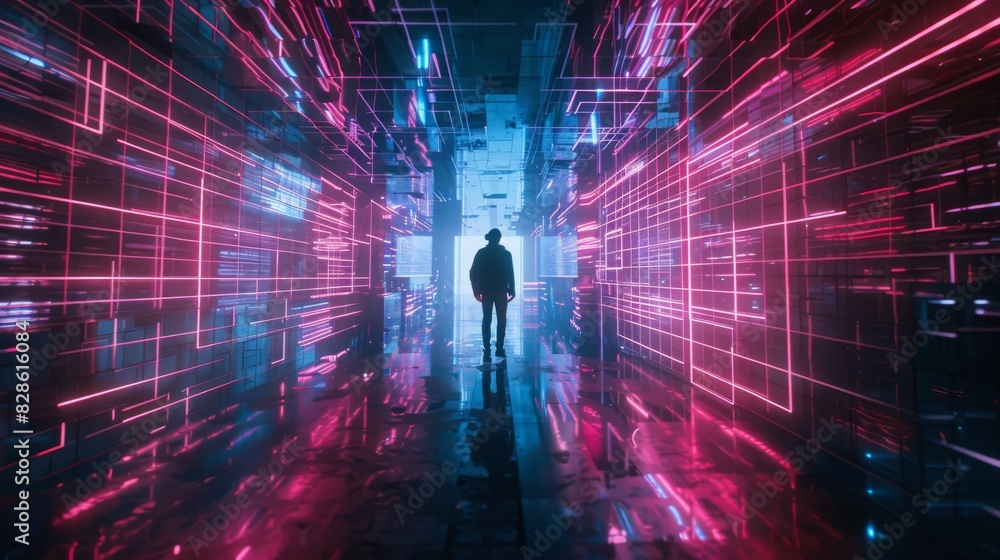 A man walks through a neon tunnel with a futuristic vibe