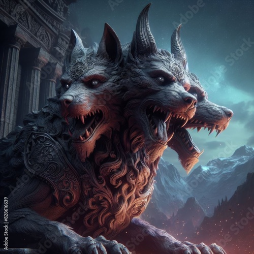 A sharp, detailed  image of Cerberus, a three-headed dog, guarding the entrance to the Underworld photo