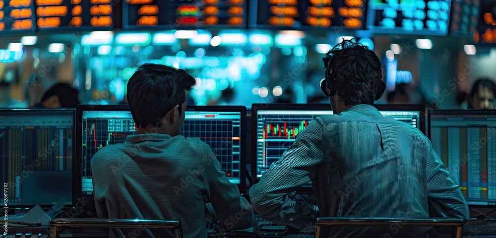Two stock traders work at their computers on the trading floor. Two stock traders work at their computers on the trading floor.
