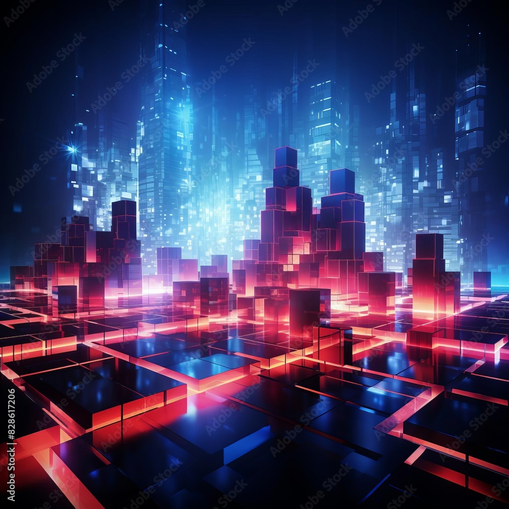 A futuristic cityscape with glowing red and blue lights. The city is made of cubes and skyscrapers, and the background is filled with digital particles.