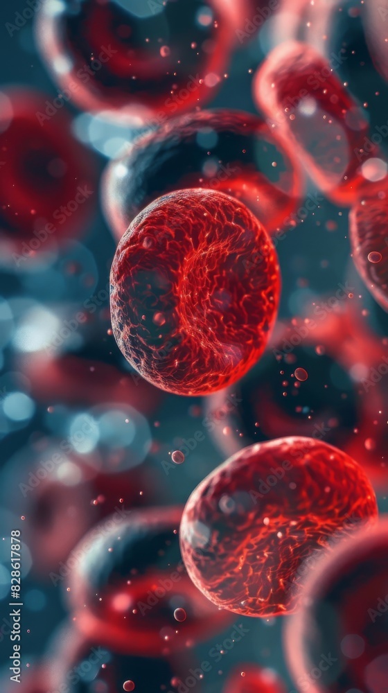 A microscopic view of red blood cells, with a focus on the cell membrane and internal structure. A microscopic view of red blood cells, with a focus on the cell membrane and internal structure.