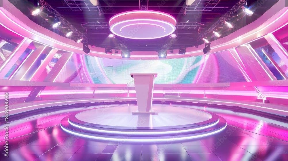 Fototapeta premium Modern pink and purple television studio set with a podium and a large screen.