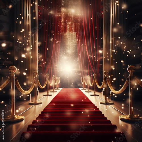 A red carpet leads to a shimmering stage, with gold stanchions and a spotlight.  Perfect for award ceremonies or glamorous events. photo