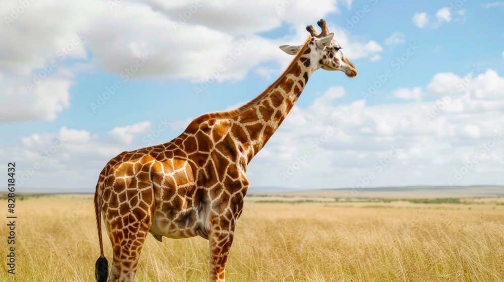 Obraz premium African giraffe standing in the savanna with blue sky and clouds. Wildlife, animal, safari, nature concept