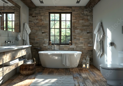 Rustic Bathroom Interior with Bathtub and Shower