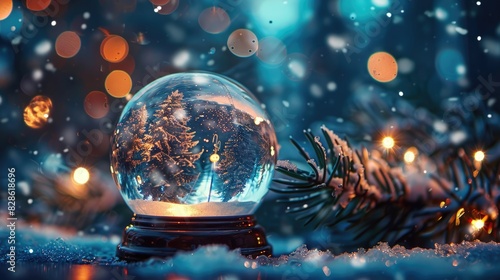 Snowy winter scene in a snow globe with Christmas tree and lights.