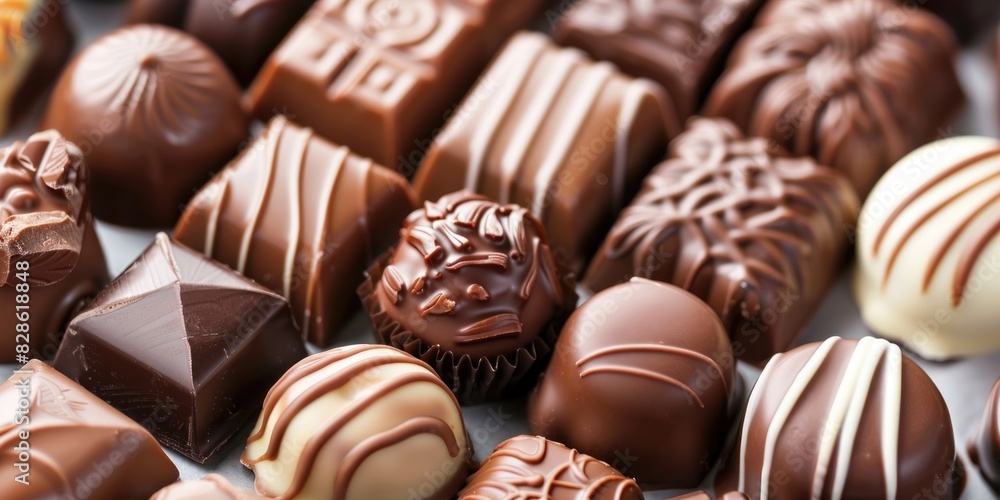 Fototapeta premium Close-up of assorted chocolate truffles with decorative patterns. World Chocolate Day