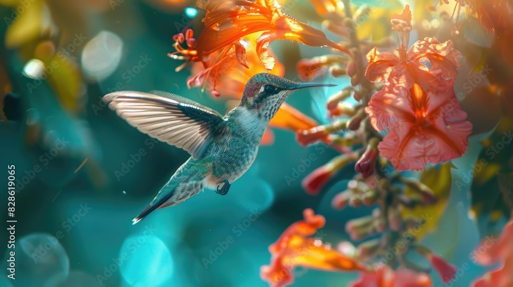Obraz premium A close-up of a hummingbird hovering in front of a vibrant flower, its iridescent feathers shimmering in the light. 8k, full ultra HD, high resolution, cinematic photography