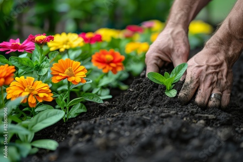 Hands planting seedling in soil, close up of gardening process, emphasizing new growth and care in a vibrant outdoor garden setting