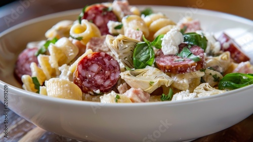 Italian Pasta Salad with Salami and Artichokes Closeup