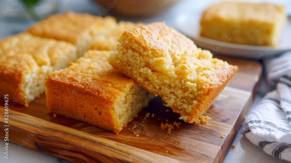 Homemade Golden Cornbread on Wooden Board Close-Up. Gluten-Free Vegan Cornbread Homemade Golden Cornbread on Wooden Board Close-Up. Gluten-Free Vegan Cornbread
