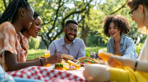 Joyful Diverse Friends Laughing at a Summer Picnic photo