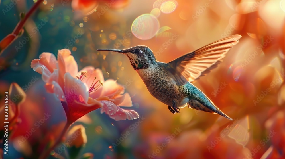 Fototapeta premium A close-up of a hummingbird hovering in front of a vibrant flower, its iridescent feathers shimmering in the light. 8k, full ultra HD, high resolution, cinematic photography