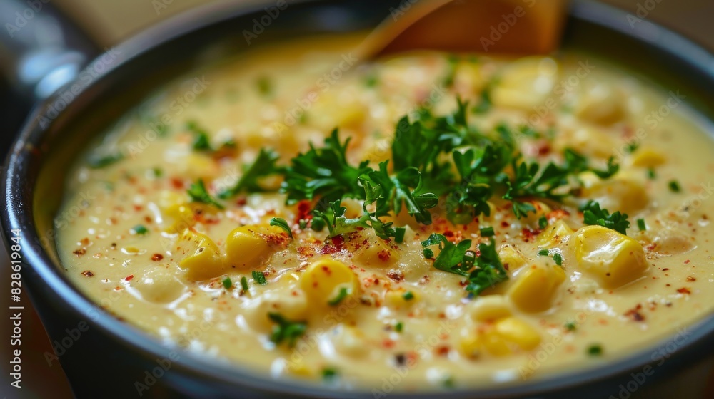 Creamy Corn Chowder in a Bowl Garnished with Parsley Creamy Corn Chowder in a Bowl Garnished with Parsley