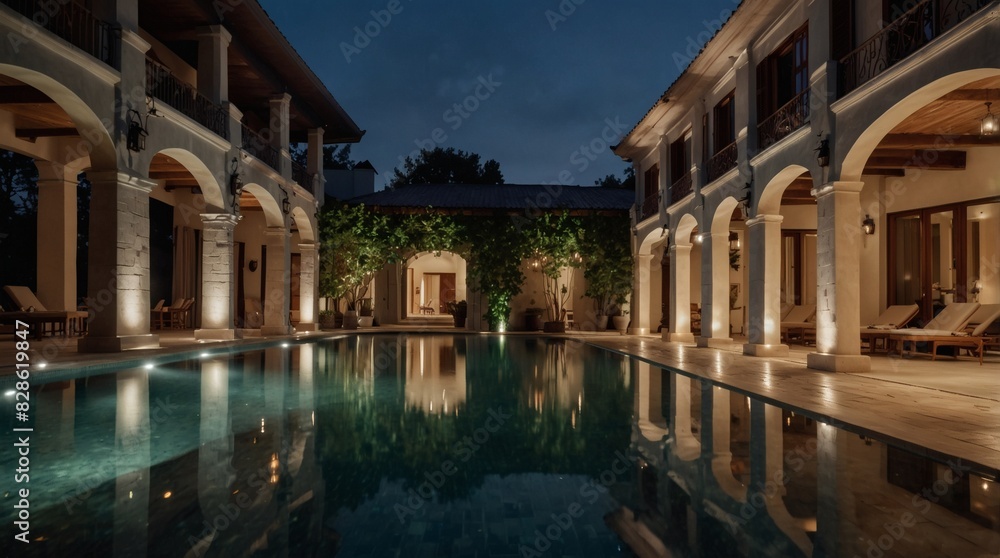 Prestigious Residence, Country Mansion Exterior Adorned with Private Pool in the Evening