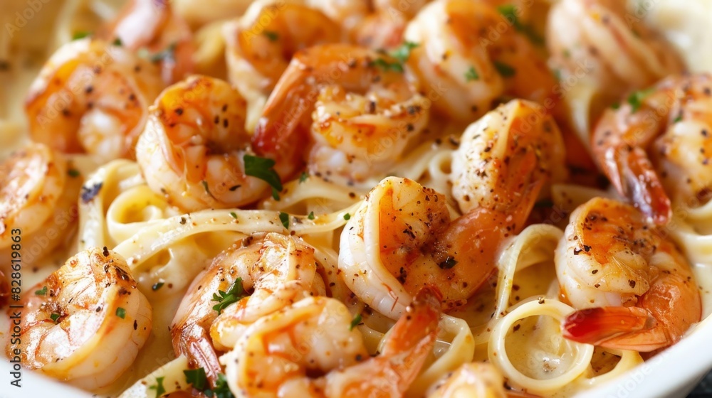 Shrimp Fettuccine Alfredo Pasta Close-Up. Creamy Louisiana Cajun Shrimp Alfredo Shrimp Fettuccine Alfredo Pasta Close-Up. Creamy Louisiana Cajun Shrimp Alfredo