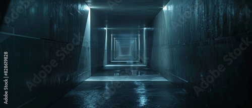 Fototapeta Naklejka Na Ścianę i Meble -  A dark, narrow tunnel with a wet floor