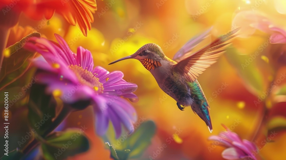 Fototapeta premium A close-up of a hummingbird hovering in front of a vibrant flower, its iridescent feathers shimmering in the light. 8k, full ultra HD, high resolution, cinematic photography