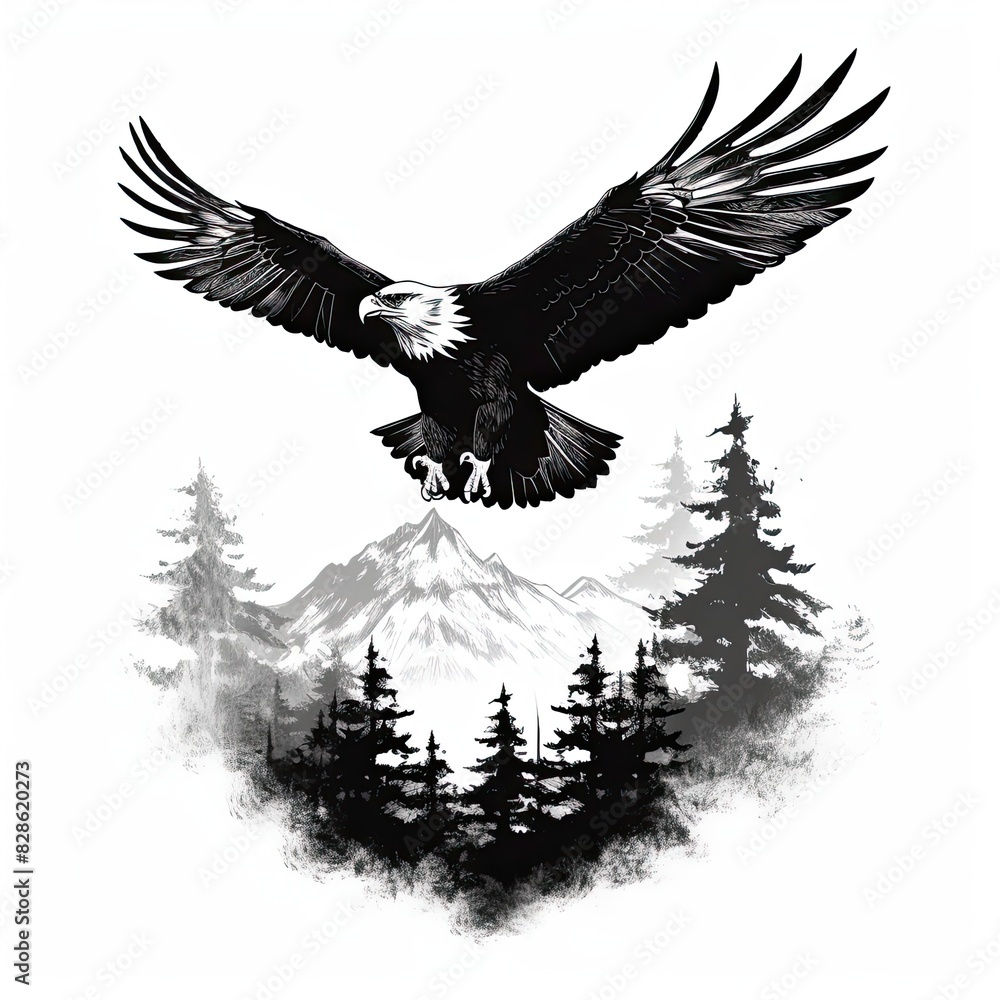 Obraz premium Flying eagle prey bird illustration, isolated on white