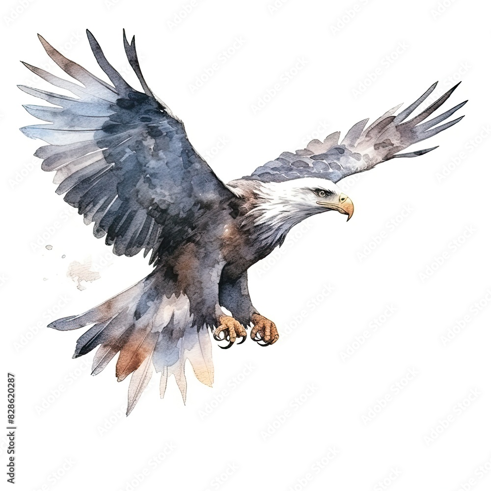 Obraz premium Flying eagle prey bird illustration, isolated on white