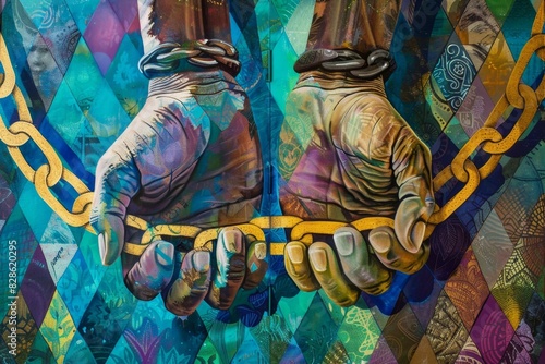 Hands with Artistic Body Paint Against Chain Background Nelson Mandela International Day photo