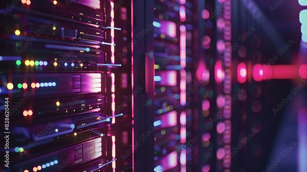 Server racks with luminous data streams flowing between them, visualizing the interconnectedness of the internet of things