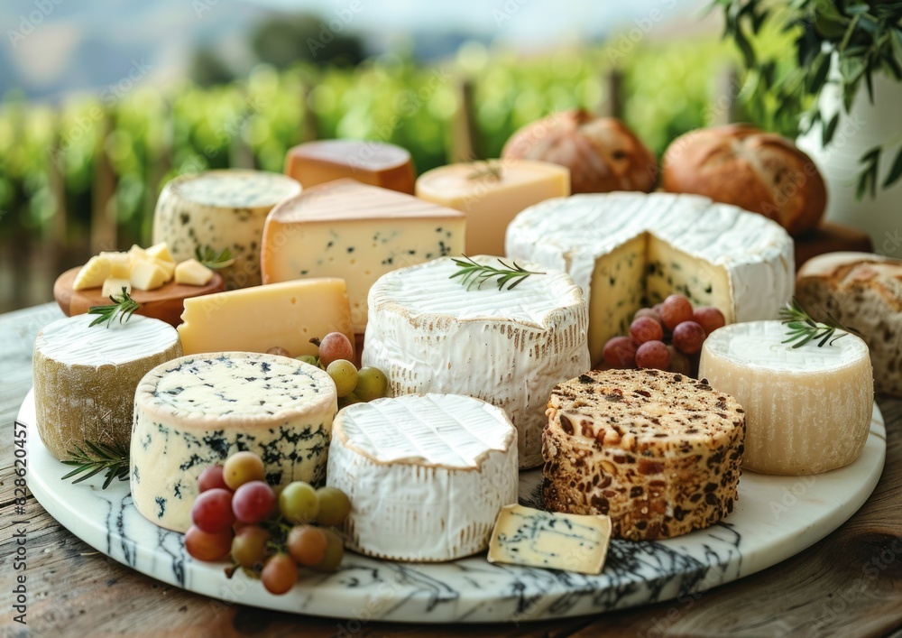 Various cheeses displayed on a plate on a table