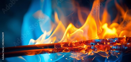 Blazing fire with blue and orange flames engulfing a metal object. photo