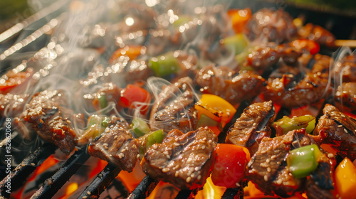 Close-up of meat grilling on a barbecue with smoke rising.