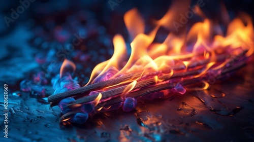 Close-up of a fire with blue and orange flames, burning bright against a dark background.