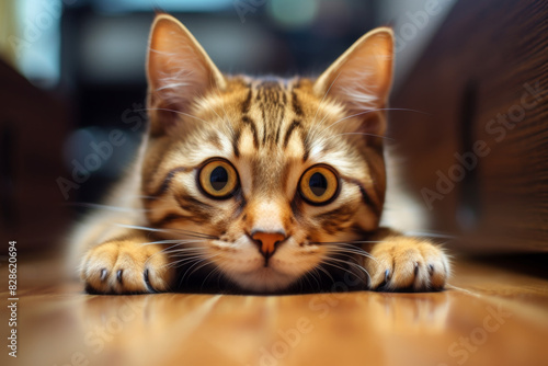 Close-up of a cat with wide eyes lying on a wooden floor. © Julia Jones
