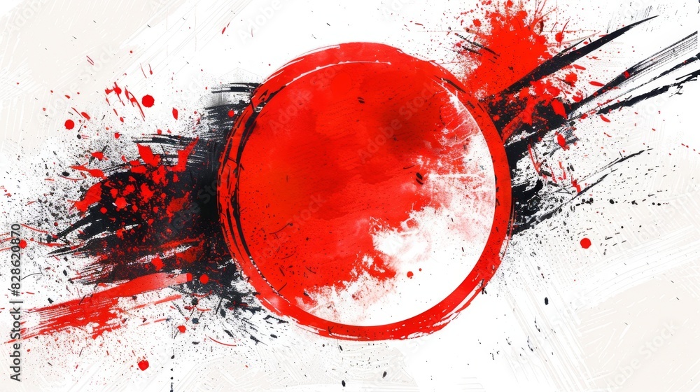 Abstract painting with red and black splatters on a white background. The flag of Japan