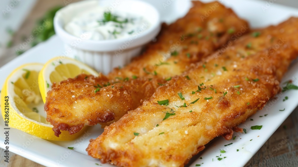 Fried fish fillets with lemon slices and tartar sauce on white plate. Fried fish fillets with lemon slices and tartar sauce on white plate.