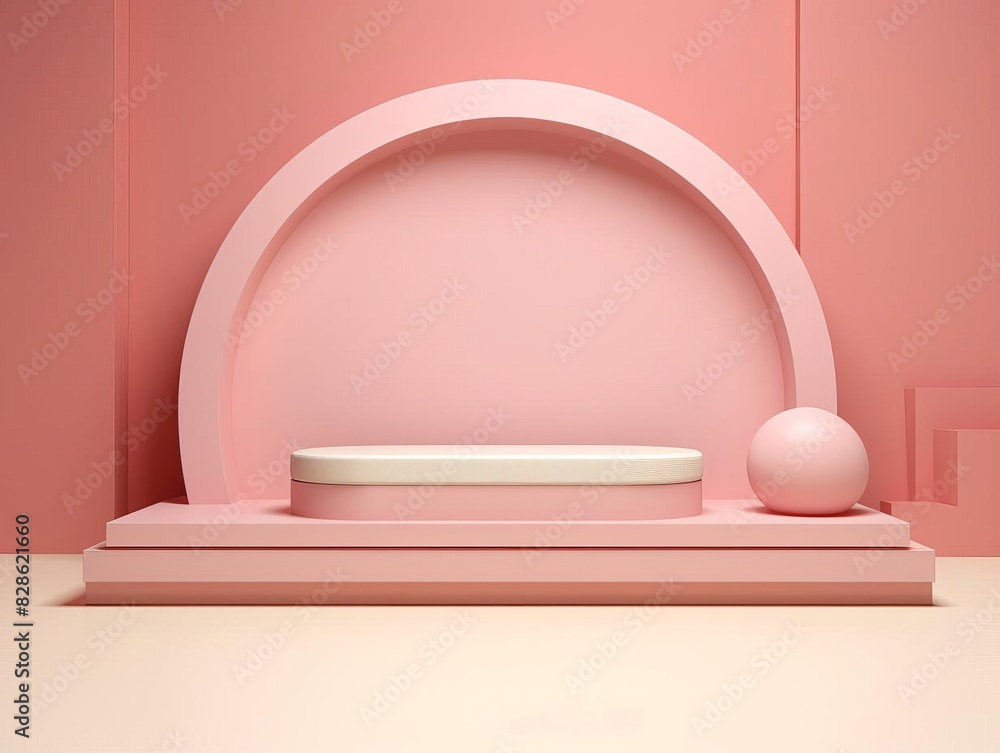 Minimalist pink product display with a platform and sphere. Perfect for showcasing beauty products, jewelry, or other small items. Minimalist pink product display with a platform and sphere. Perfect for showcasing beauty products, jewelry, or other small items.