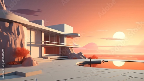 Modern architecture overlooking a serene sunset with a reflecting pool and a mountain in the distance.