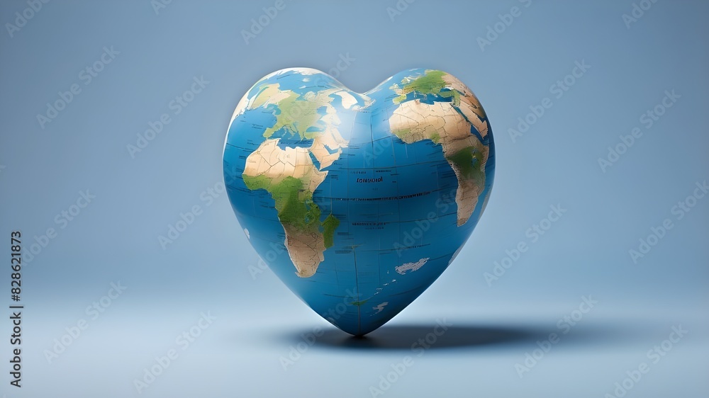 Isolated on a blue background, a close-up of a heart-shaped earth with room for copy