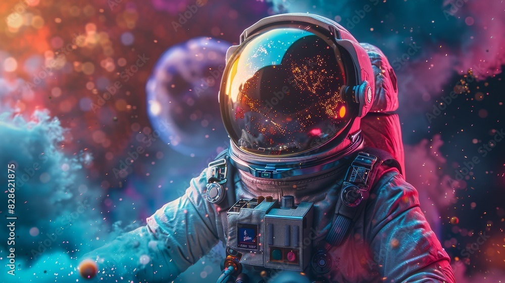 An astronaut, floating in a psychedelic bubble, with cosmic colors and colorful powder An astronaut, floating in a psychedelic bubble, with cosmic colors and colorful powder