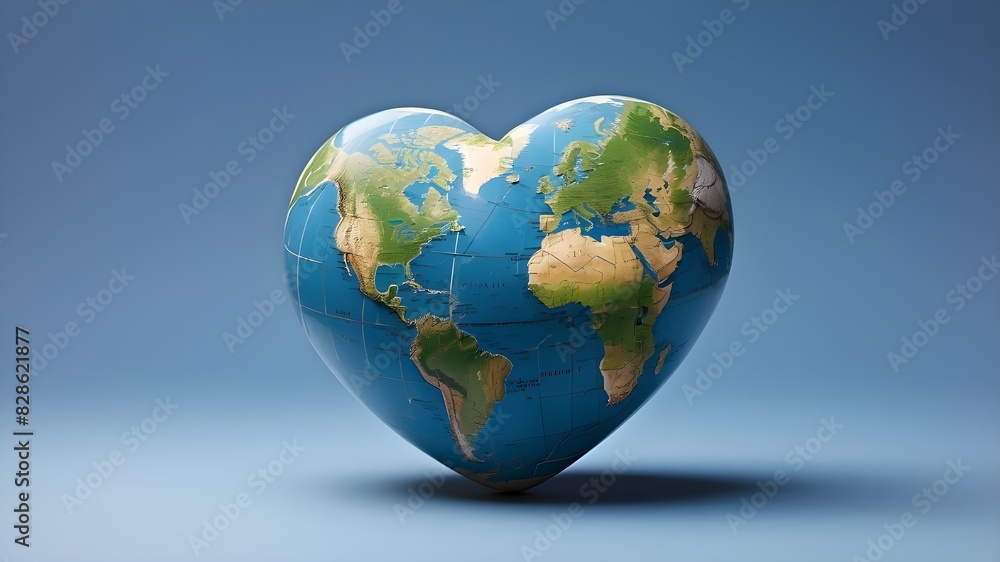 Isolated on a blue background, a close-up of a heart-shaped earth with room for copy Isolated on a blue background, a close-up of a heart-shaped earth with room for copy