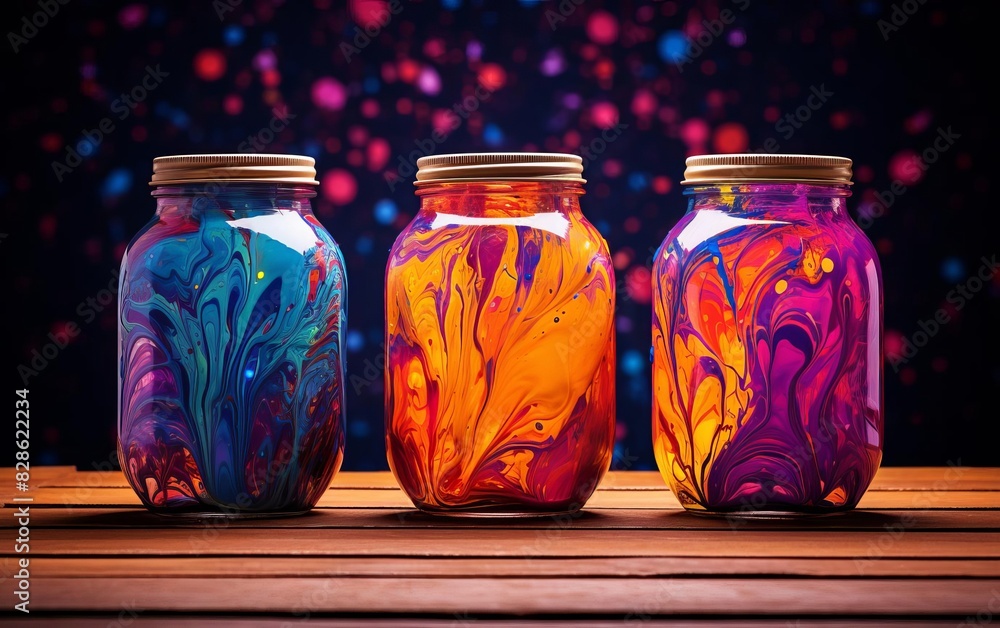 Three glass jars with colorful swirls of paint, arranged on a wooden surface against a dark, bokeh background. Three glass jars with colorful swirls of paint, arranged on a wooden surface against a dark, bokeh background.