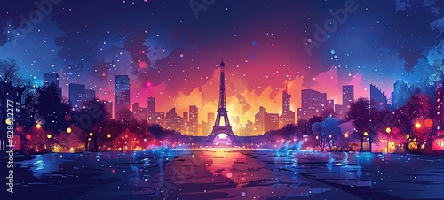 This vibrant image captures a digital art interpretation of Paris with the iconic Eiffel Tower standing out against a colorful  abstract background. Colorful artistic rendition of Paris skyline.