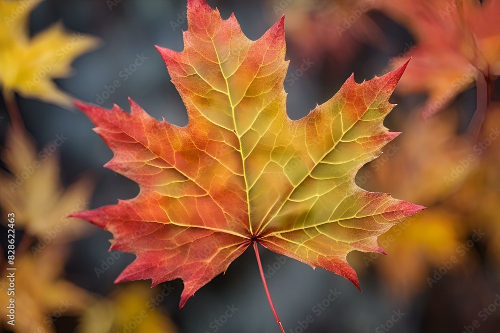 Close-up of Autumn Maple Leaf, Vibrant Red and Yellow Colors, Detailed Veins, Macro Photography, Seasonal Beauty, High Resolution, Nature Image Close-up of Autumn Maple Leaf, Vibrant Red and Yellow Colors, Detailed Veins, Macro Photography, Seasonal Beauty, High Resolution, Nature Image