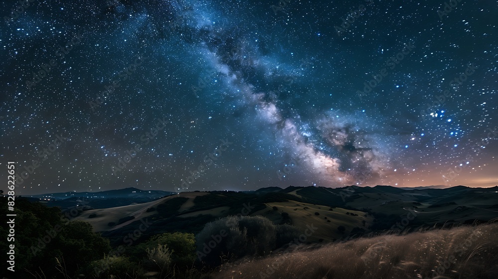 Long exposure photography capturing the starry night sky over rolling hills, showcasing the movement of stars as light trails.