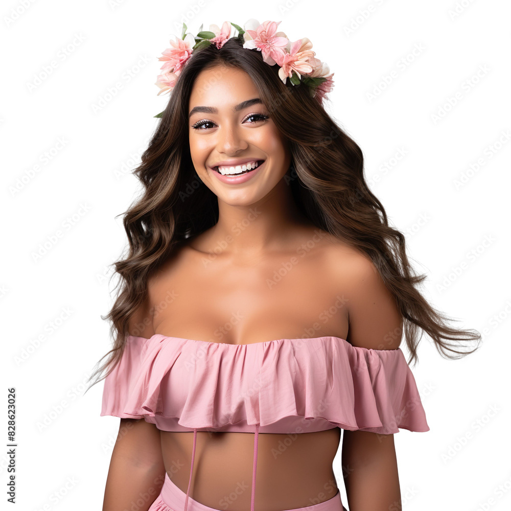 Front view mid shot of a beautiful Polynesian woman dressed in a pink off-shoulder crop top and high-waisted skirt, smiling on a white transparent background Front view mid shot of a beautiful Polynesian woman dressed in a pink off-shoulder crop top and high-waisted skirt, smiling on a white transparent background
