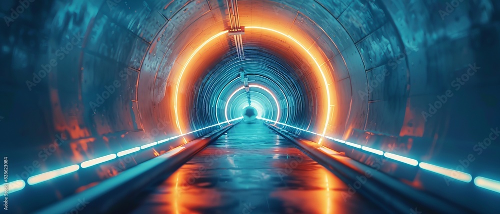 A tunnel with orange lights shining on it