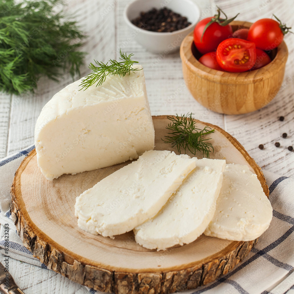 Soft Adygei cheese presented on a wooden slice, accompanied by cherry tomatoes and fresh dill Soft Adygei cheese presented on a wooden slice, accompanied by cherry tomatoes and fresh dill
