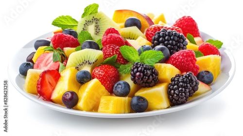 Plate of fresh fruit salad isolated on a white background