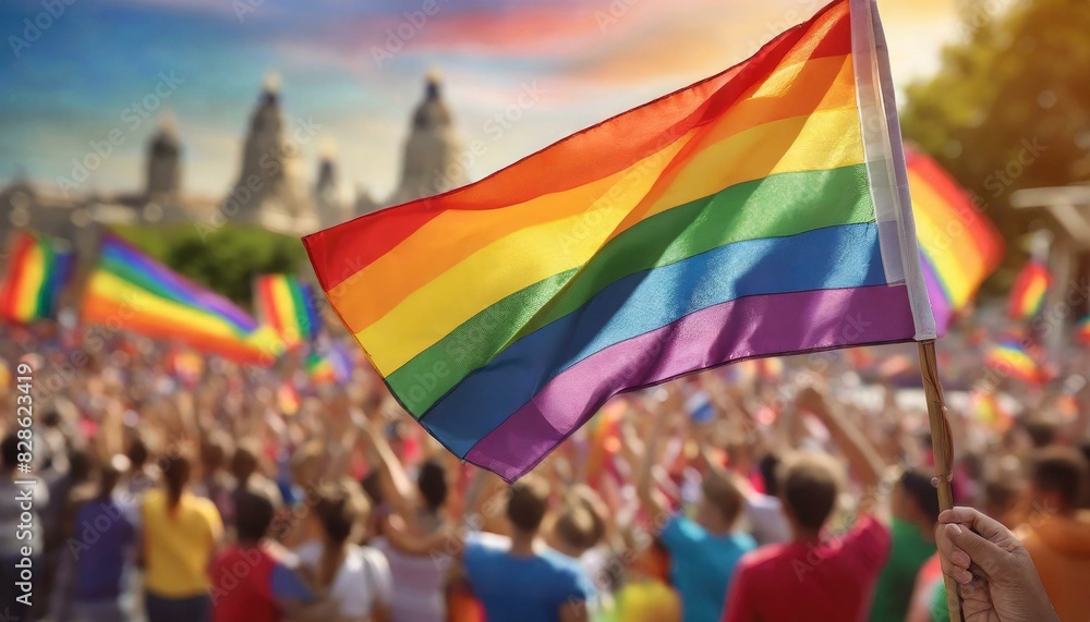 Naklejka premium lgbt flag on the background of the pride parade, queer lgbtq pride month, June 1, the fight against homophobia and bullying, tolerance, summer holiday, freedom and rights