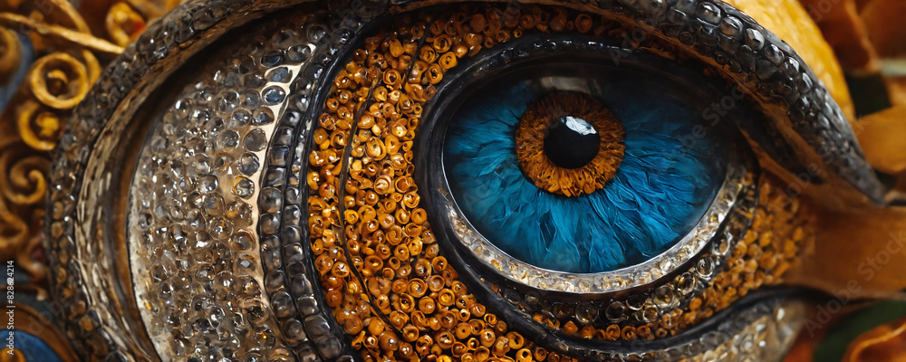 A detailed image of a dragon's eye, showing the complex scales, fiery iris and menacing gaze of the mythical creature.