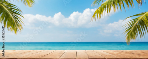 Wooden surface set with a great view of the vast ocean. 